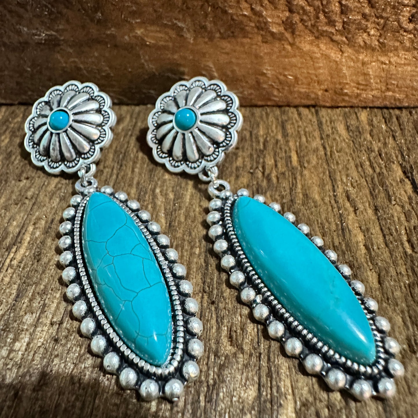 Turquoise Concho Stud Drop Earrings, Native American Design, Ships in Gift Box