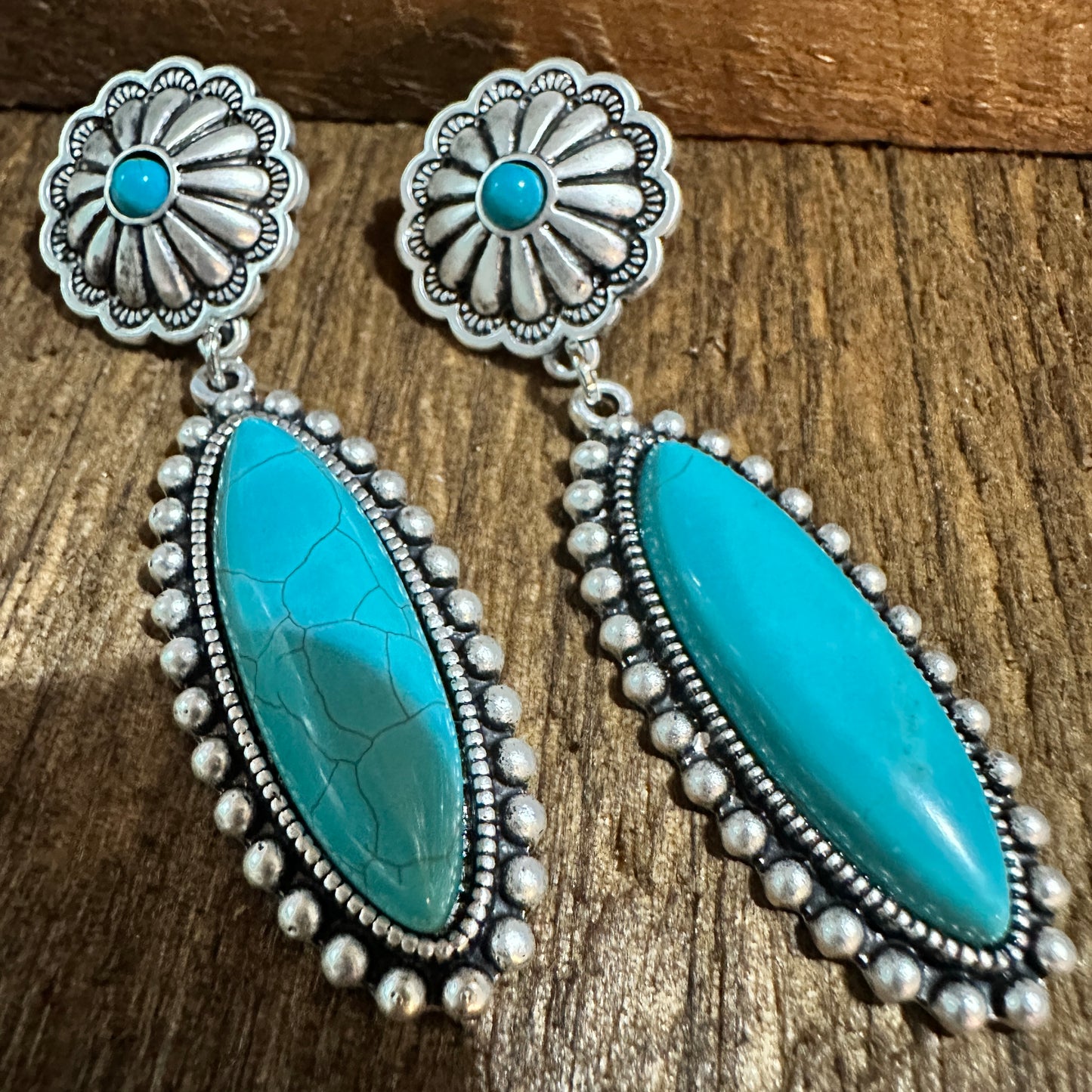 Turquoise Concho Stud Drop Earrings, Native American Design, Ships in Gift Box