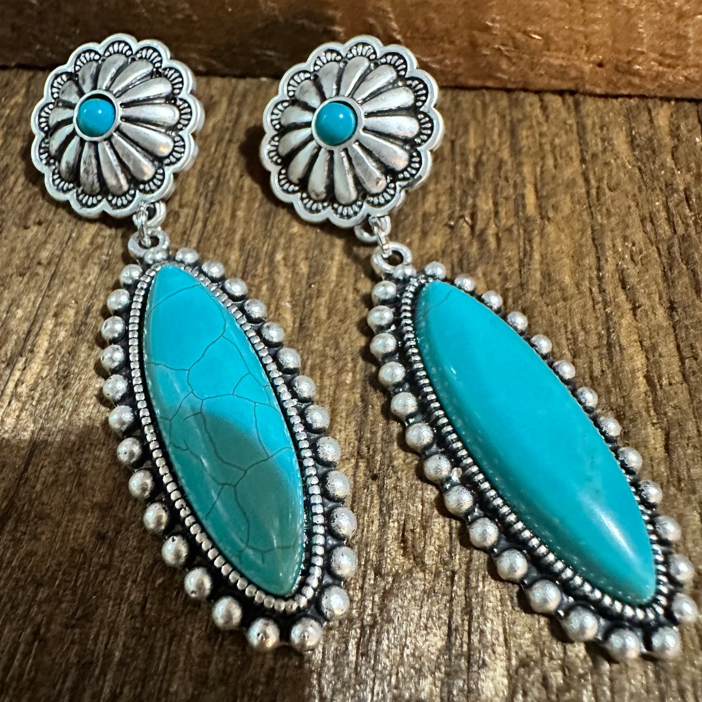 Turquoise Concho Stud Drop Earrings, Native American Design, Ships in Gift Box