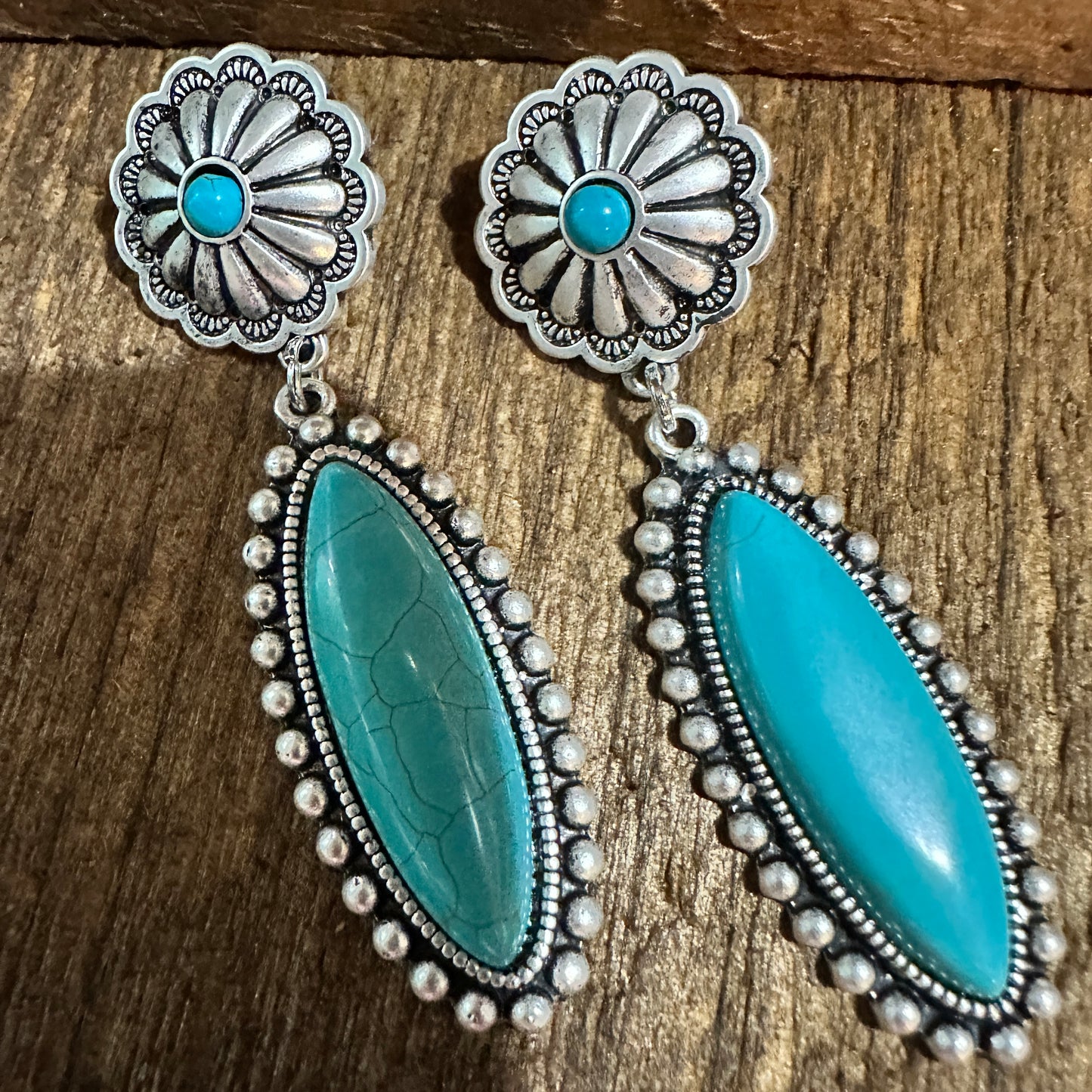 Turquoise Concho Stud Drop Earrings, Native American Design, Ships in Gift Box