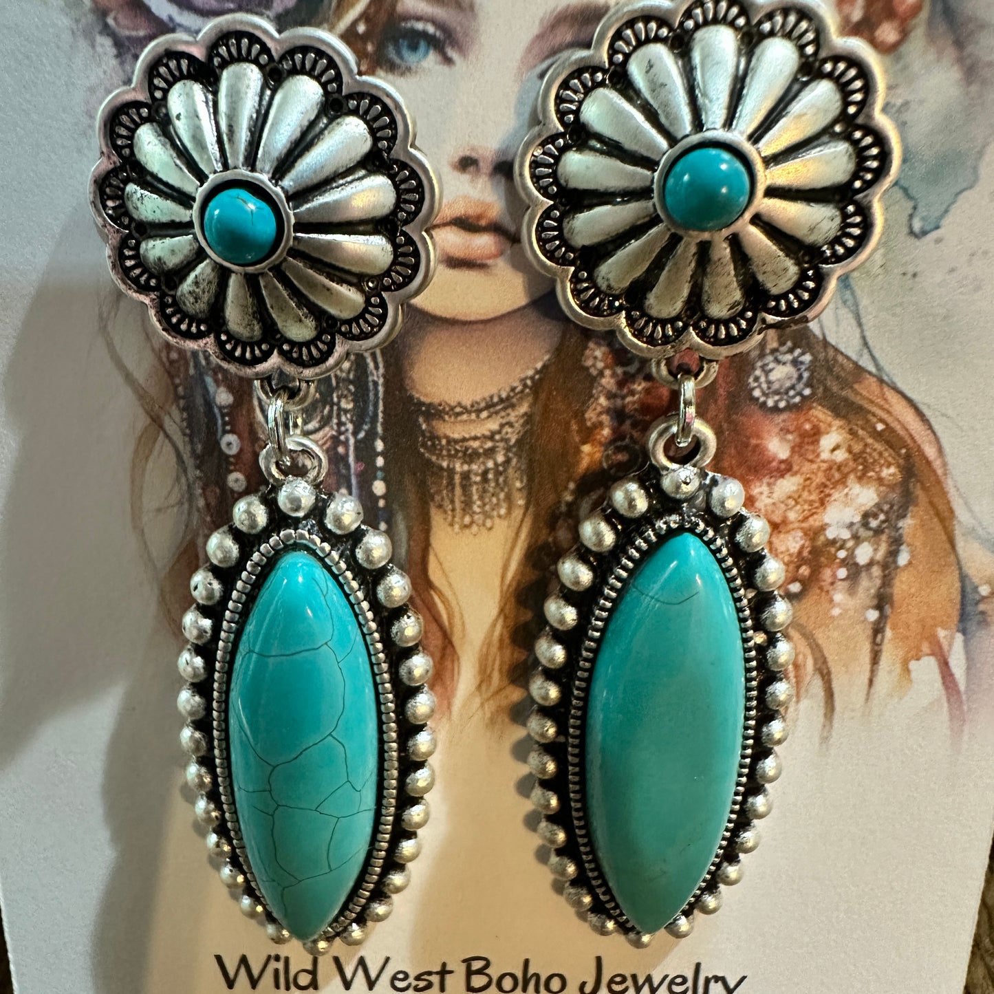 Turquoise Concho Stud Drop Earrings, Native American Design, Ships in Gift Box