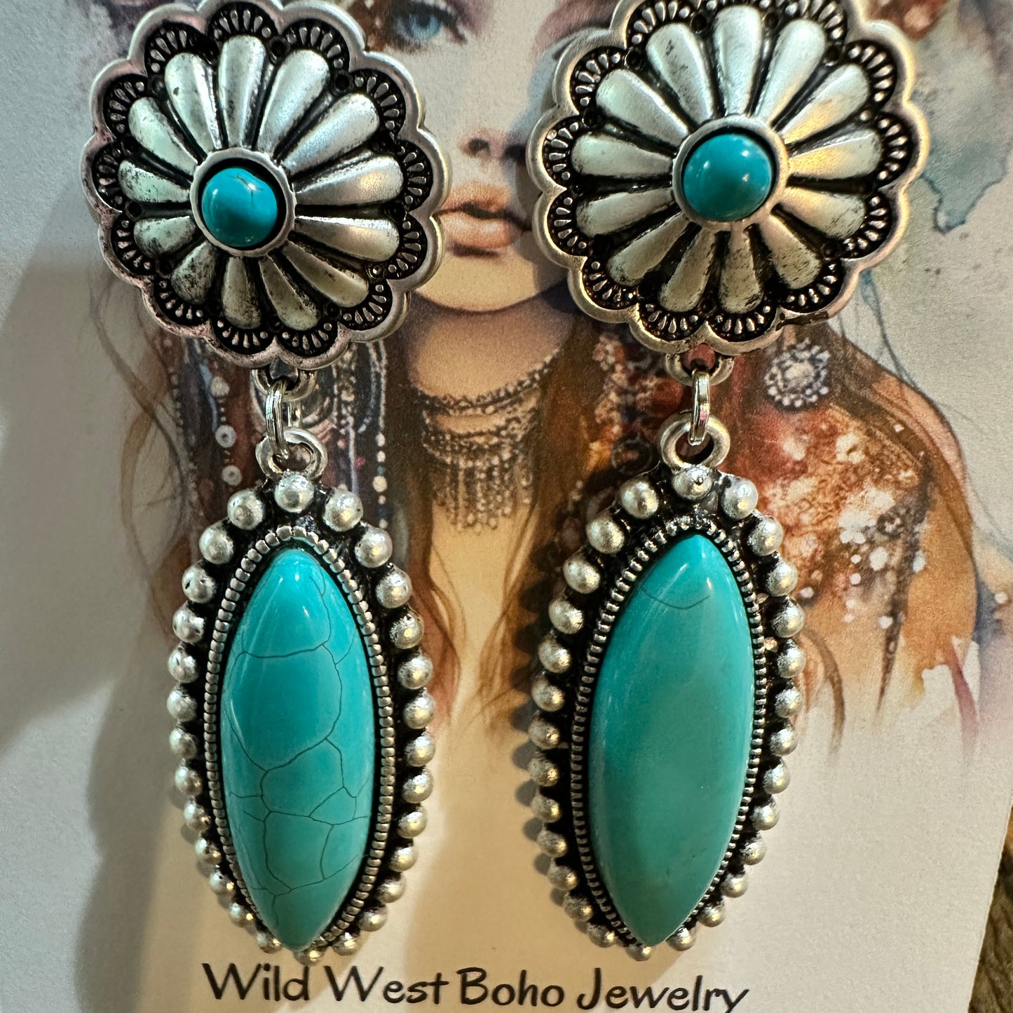 Turquoise Concho Stud Drop Earrings, Native American Design, Ships in Gift Box