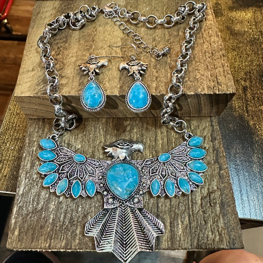 Native American Eagle Turquoise Cabochon Western Jewelry Necklace Set
