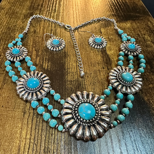 Turquoise Flower Concho Beaded Necklace and Earrings Set