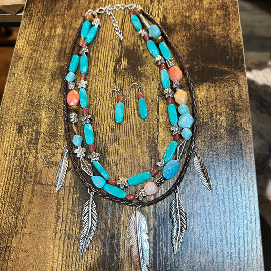 Turquoise Feather Southwestern Boho Multi Necklace and Earrings Set