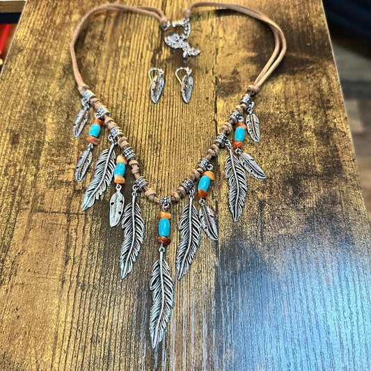 Turquoise Stone Feather Charms Western Boho Necklace and Earrings Set