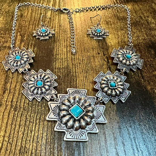 Western Concho Turquoise Necklace and Earrings Set