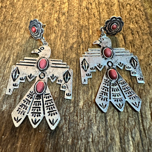 Metal Native Thunderbird Post Dangle Earrings in Red