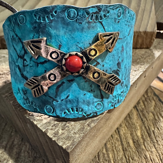 Native Cross Arrow Red Stone Western Bracelet Cuff with Adjustable Leather Straps