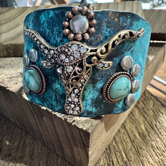 Longhorn Turquoise Western Bracelet Cuff with Vintage Patina Finish