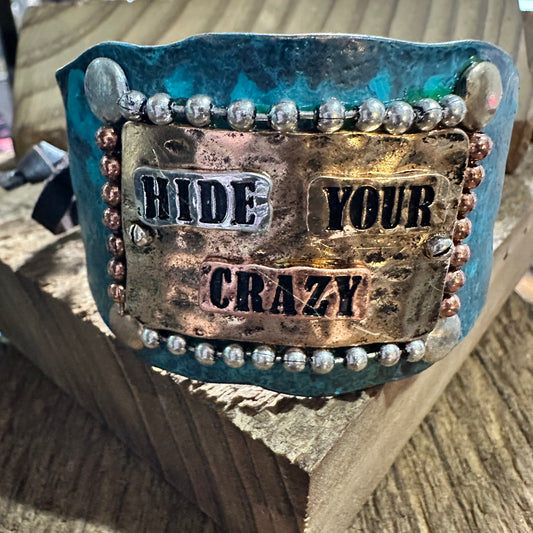 Hide Your Crazy Patina Western Bracelet Cuff with Adjustable Leather Strap