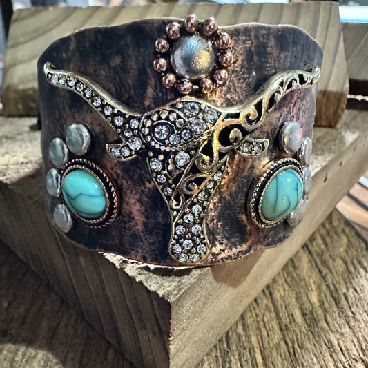 Longhorn Turquoise Western Cuff Bracelet with Adjustable Leather Straps
