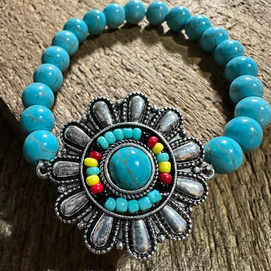 Turquoise Flower Concho Seed Bead Southwestern Bohemian Bracelet