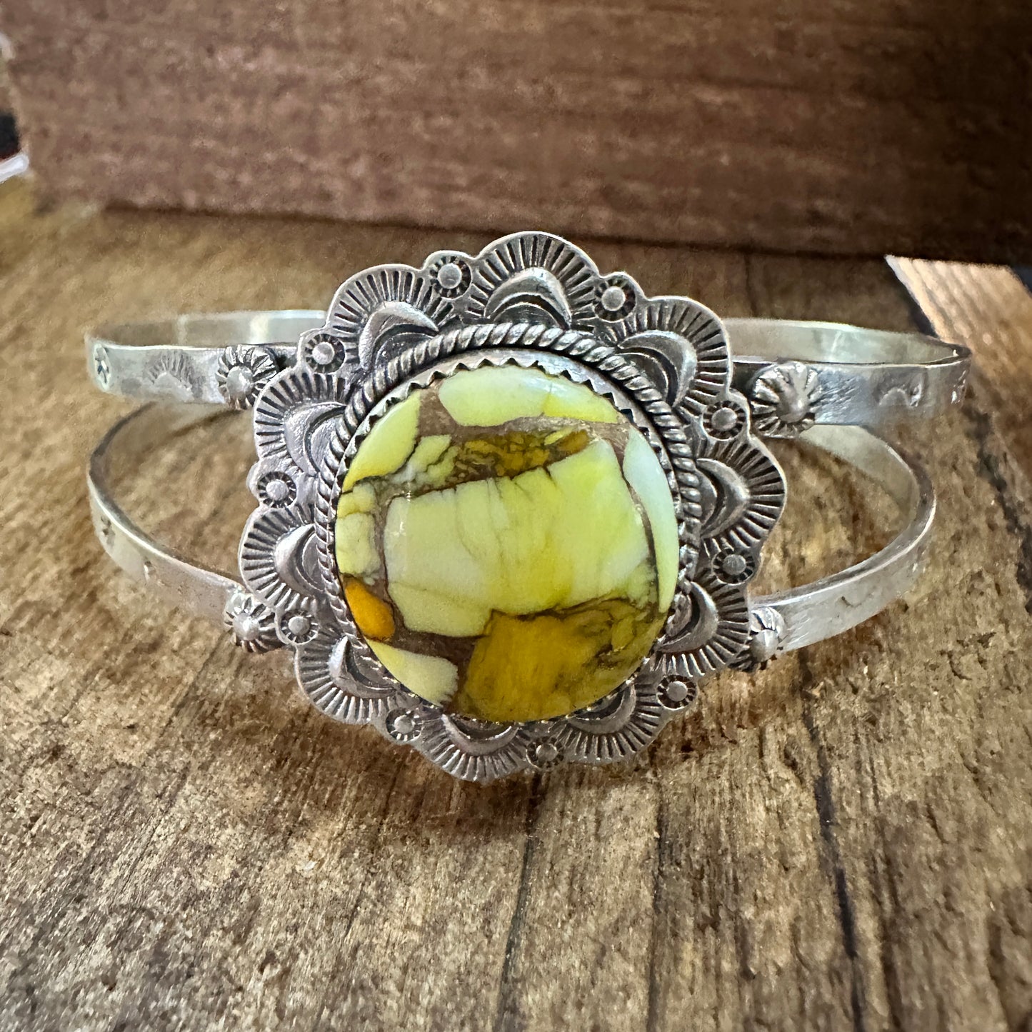 Handmade Sterling Silver Honey Dahlia Cuff Bracelet, Signed , Natural Stone