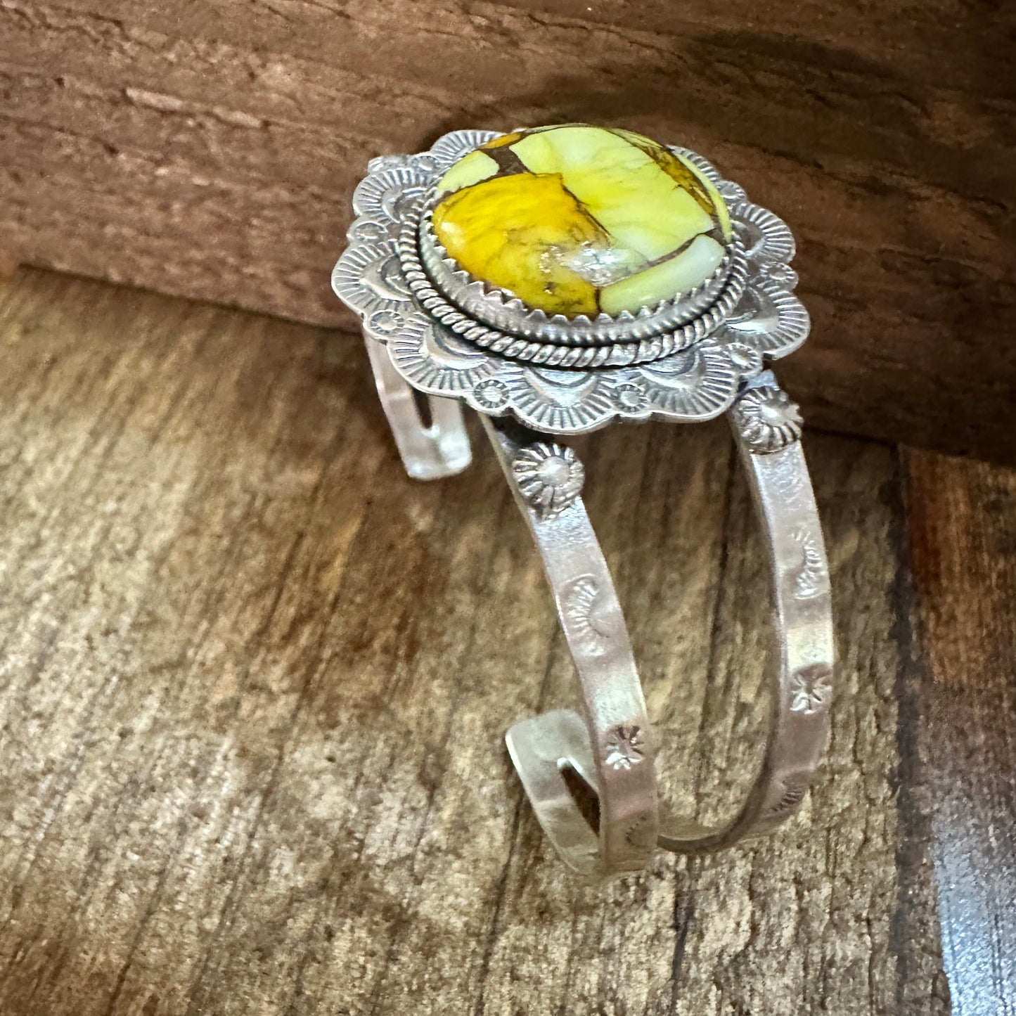 Handmade Sterling Silver Honey Dahlia Cuff Bracelet, Signed , Natural Stone