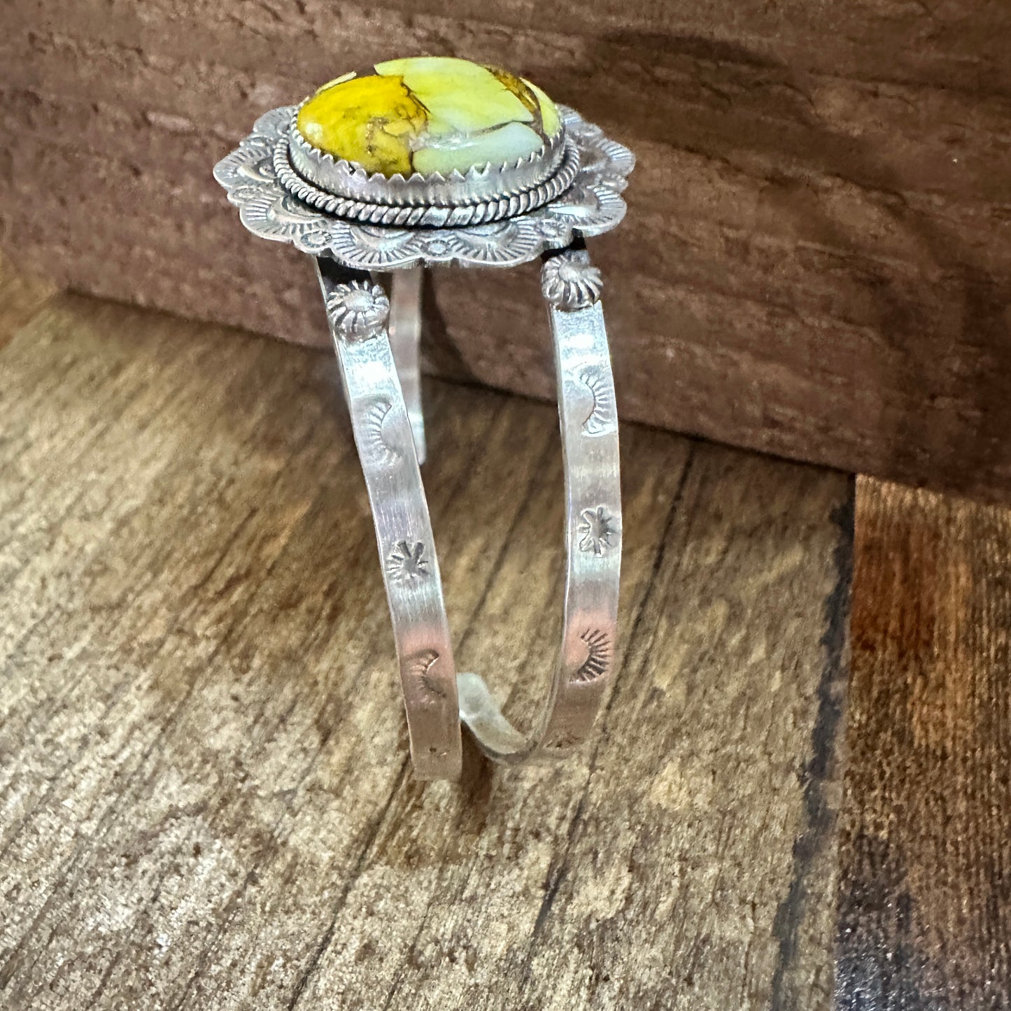 Handmade Sterling Silver Honey Dahlia Cuff Bracelet, Signed , Natural Stone