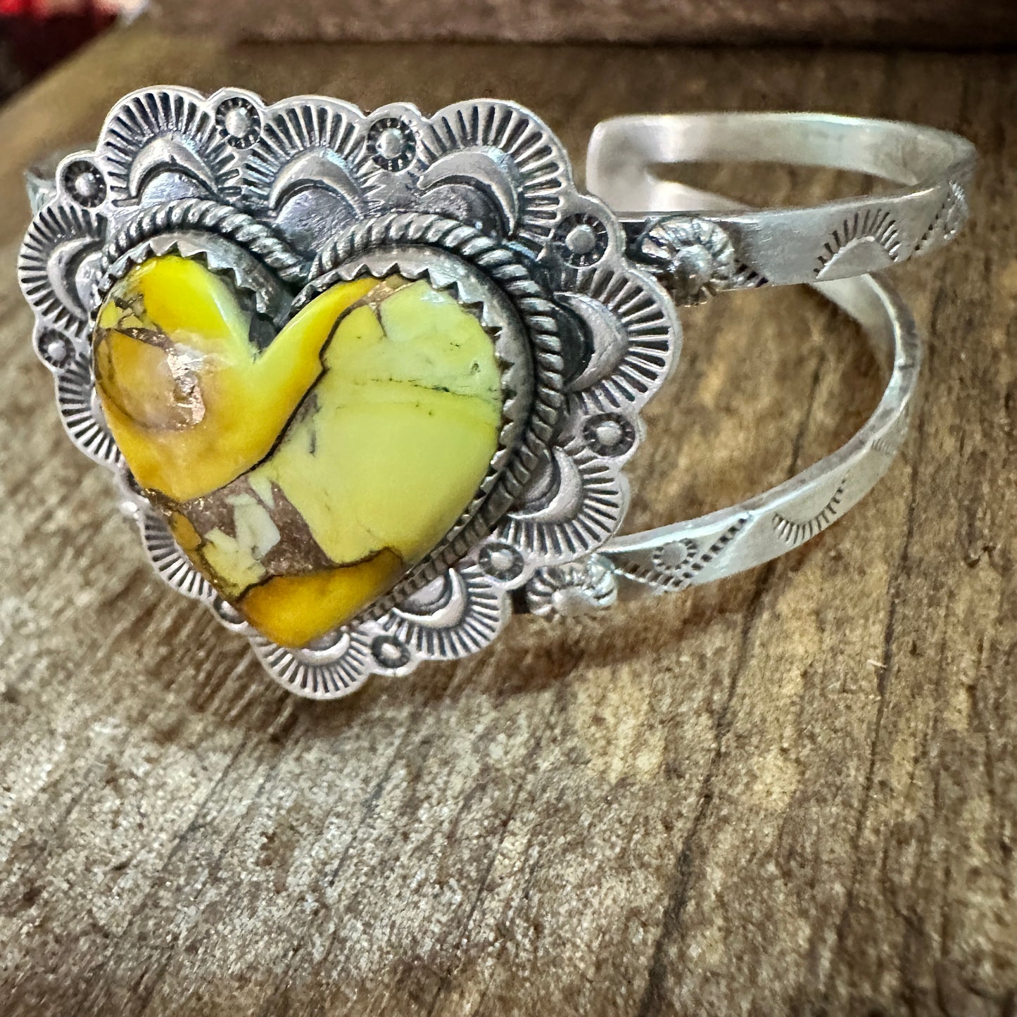 Handmade Sterling Silver Honey Dahlia Cuff Bracelet, Signed , Natural Stone