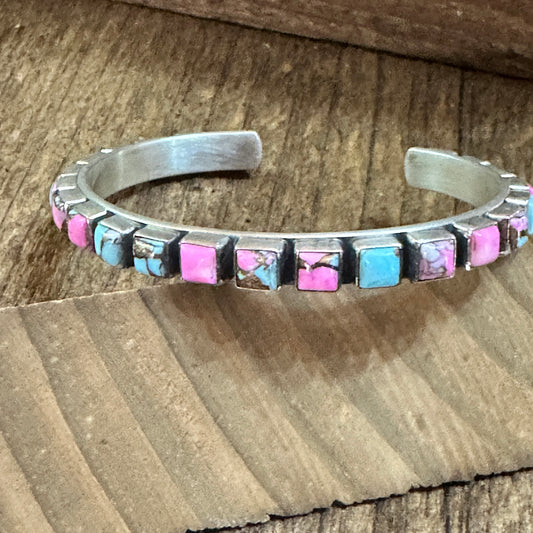 Handmade Sterling Silver Cotton Candy Dahlia Cuff Bracelet, Signed, Natural Stones