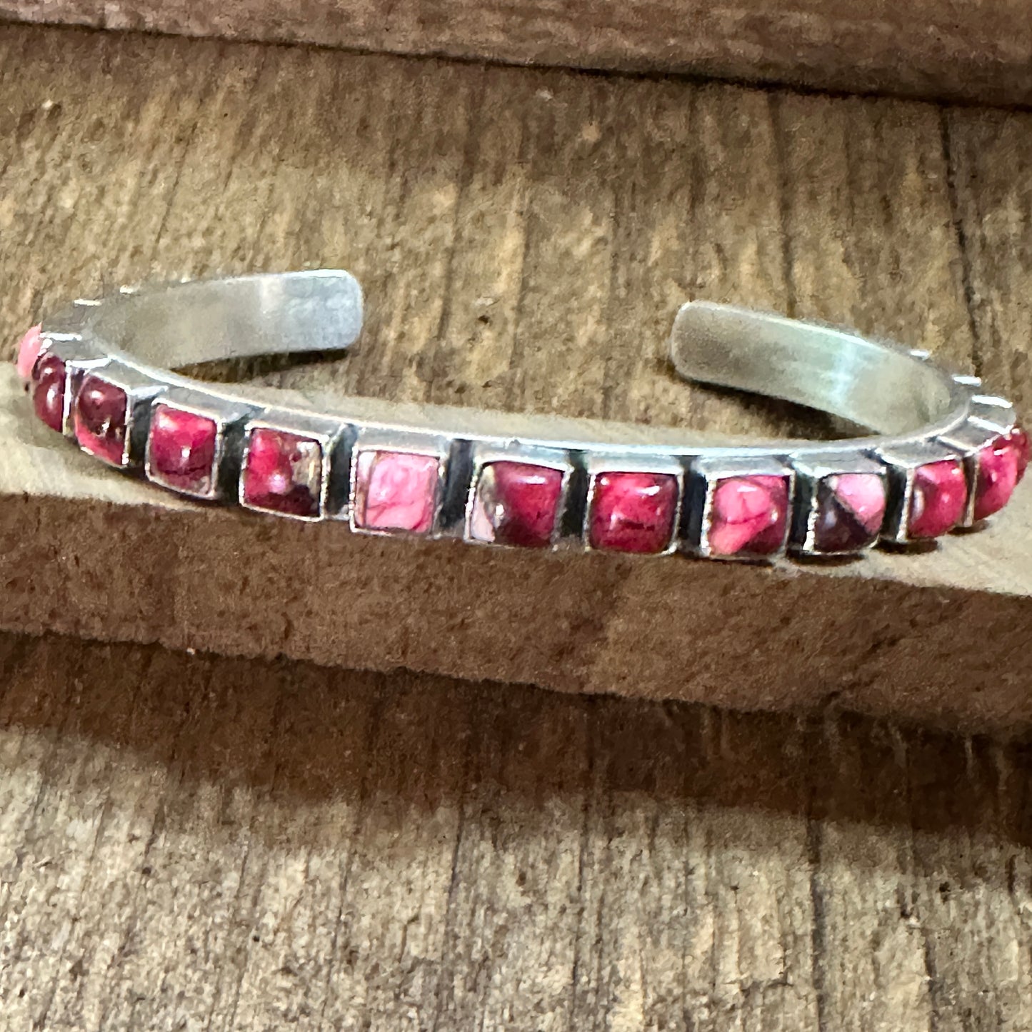 Handmade Sterling Silver Rose Dahlia Cuff Bracelet, Signed, Natural Stones