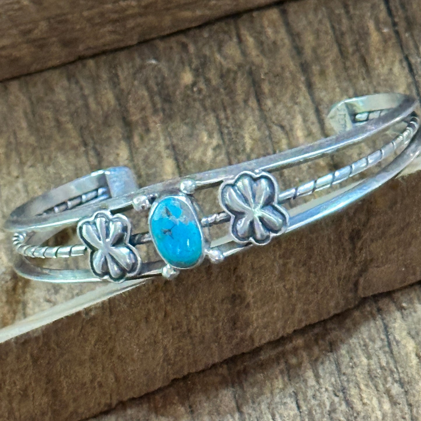 Navajo Sterling Cuff & Kingman Turquoise Floral Cuff Bracelet, Gift Box