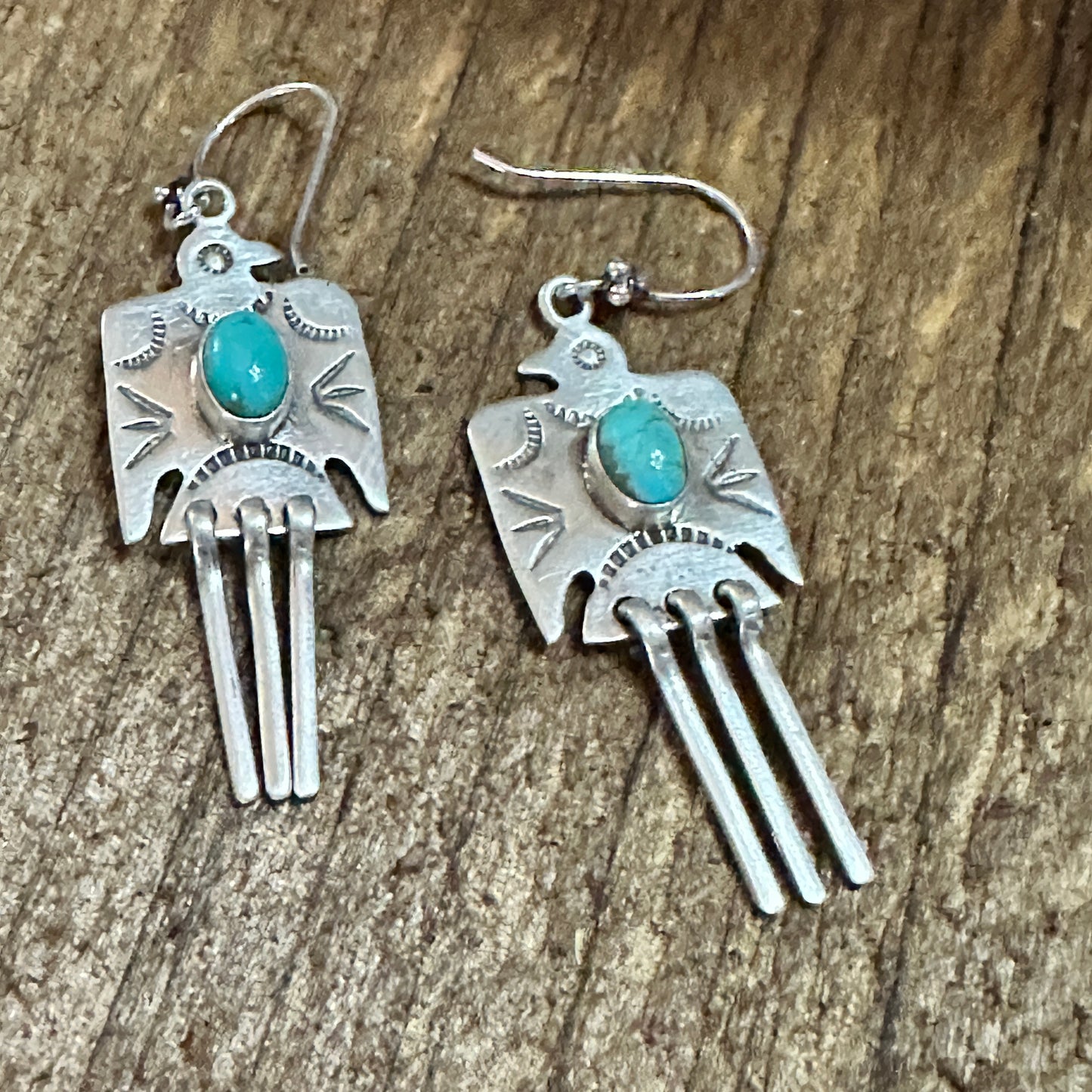 Handmade Kingman Turquoise Dangle Thunderbird Necklace Set Sterling Silver
