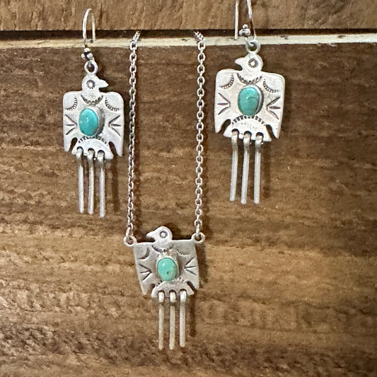 Handmade Kingman Turquoise Dangle Thunderbird Necklace Set Sterling Silver