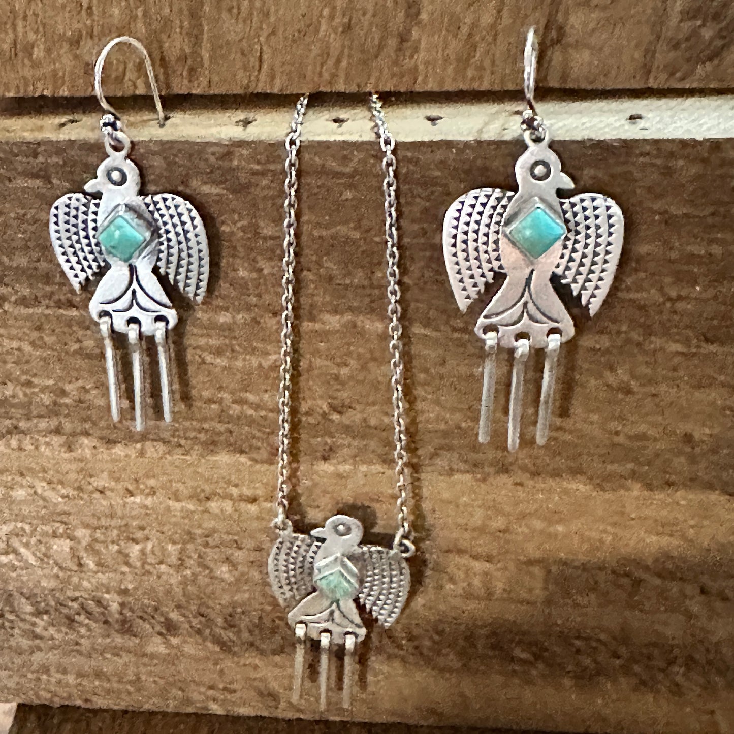 Sterling Silver Kingman Turquoise Dangle Thunderbird Necklace and Earrings Set