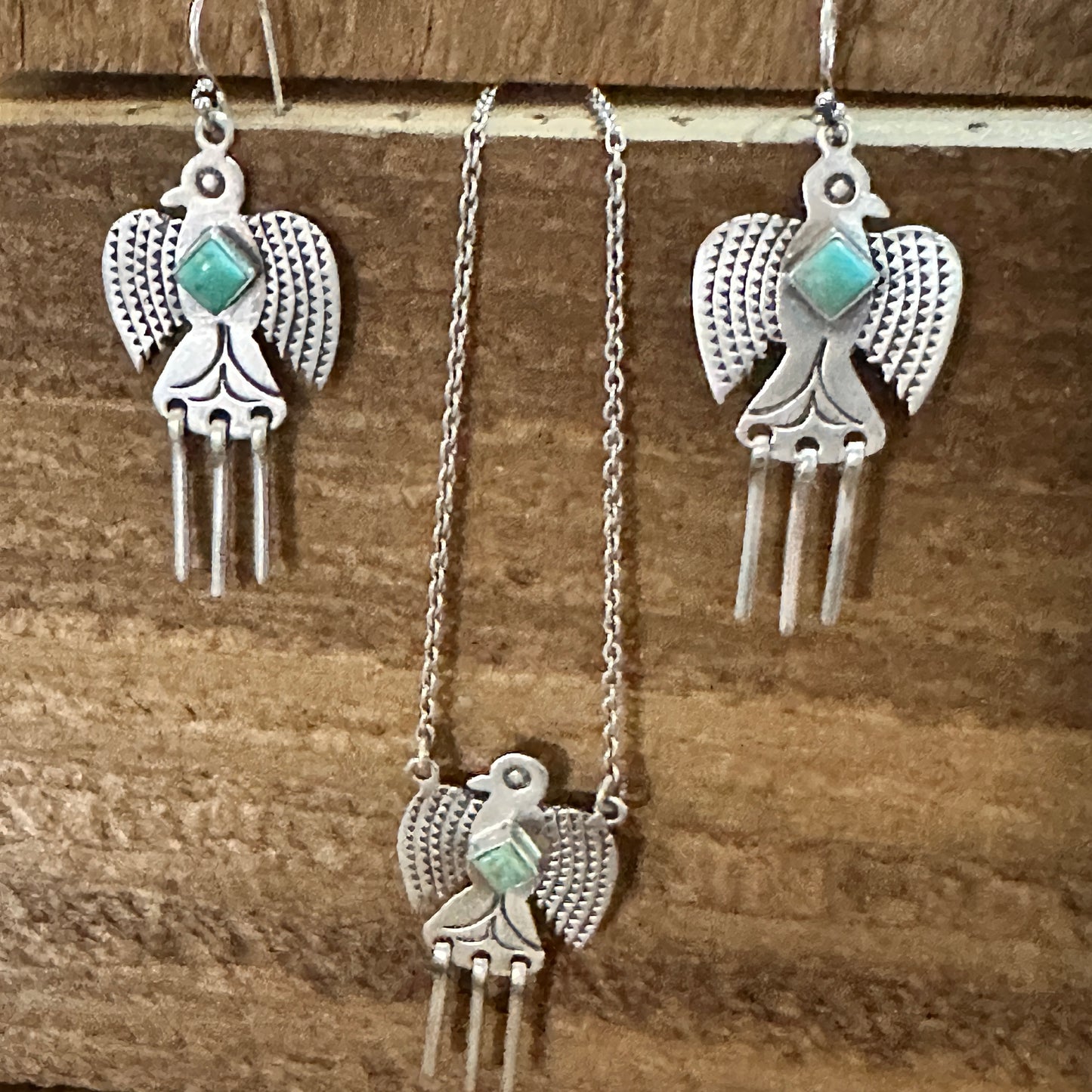 Sterling Silver Kingman Turquoise Dangle Thunderbird Necklace and Earrings Set