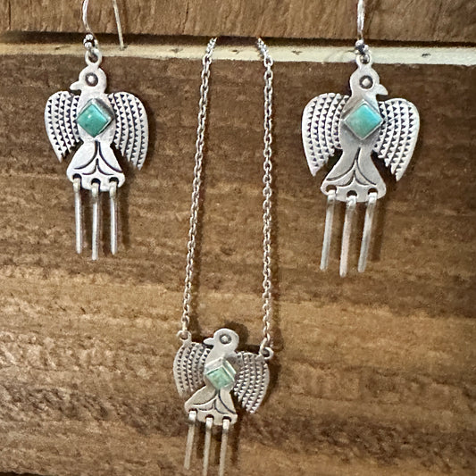 Sterling Silver Kingman Turquoise Dangle Thunderbird Necklace and Earrings Set