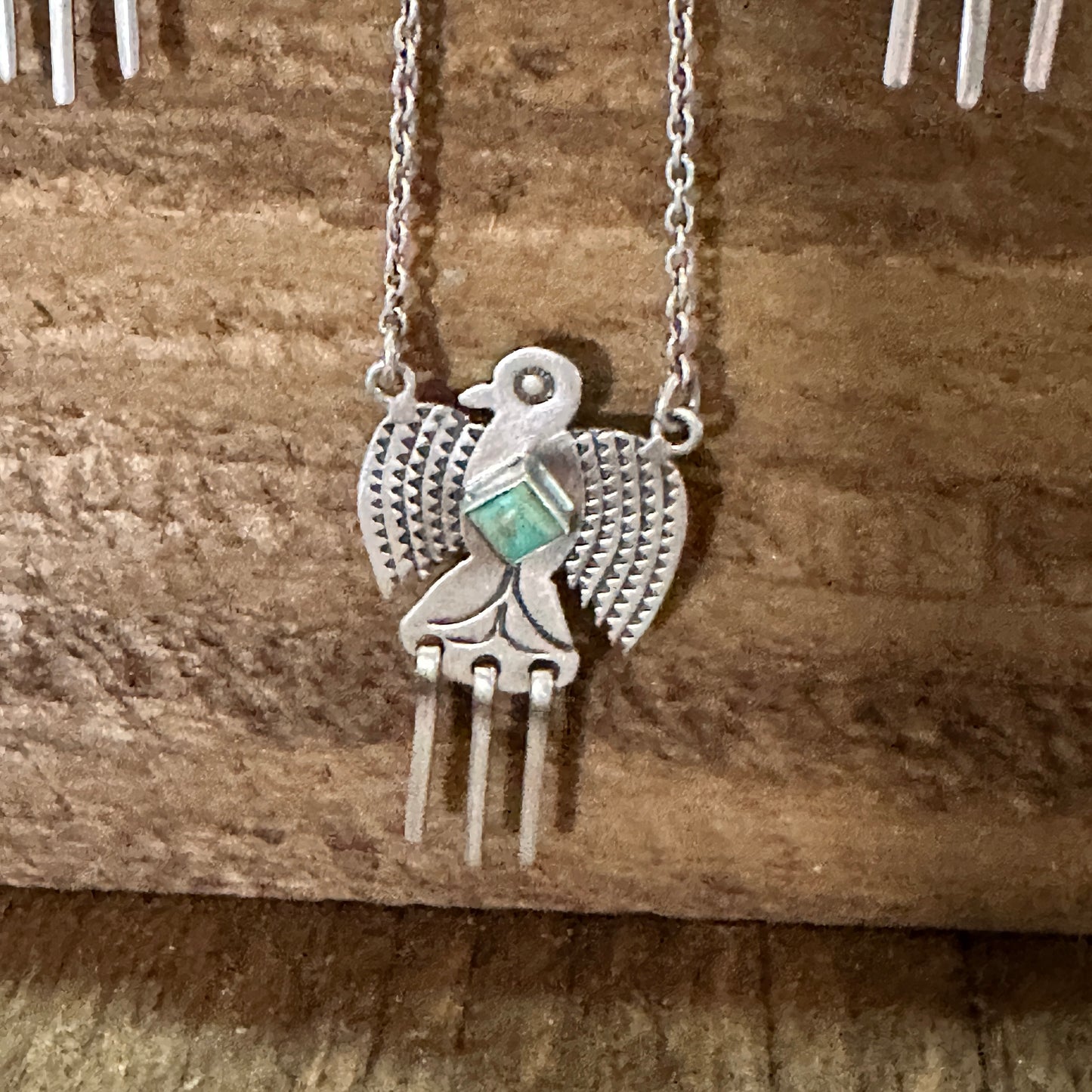 Sterling Silver Kingman Turquoise Dangle Thunderbird Necklace and Earrings Set