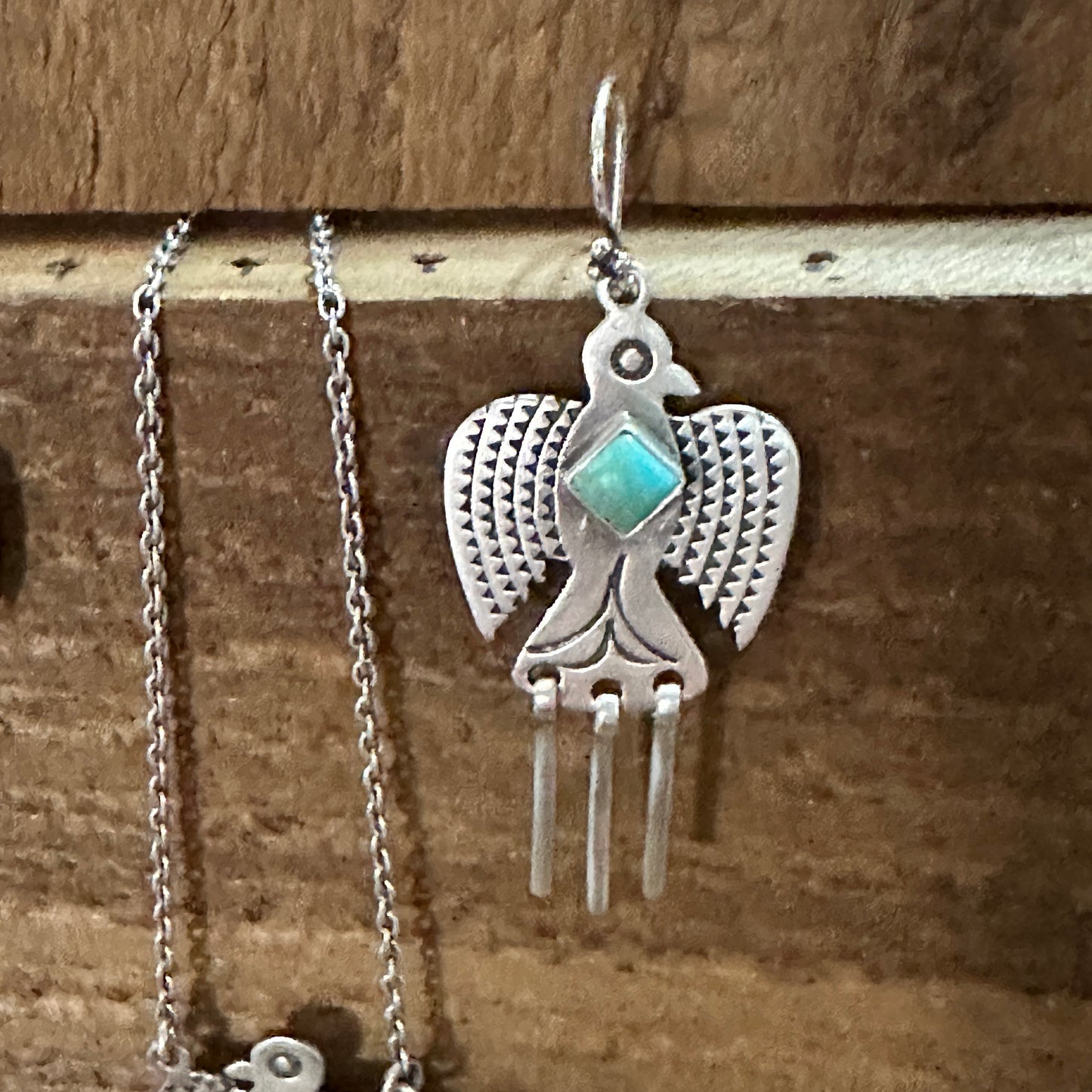 Sterling Silver Kingman Turquoise Dangle Thunderbird Necklace and Earrings Set