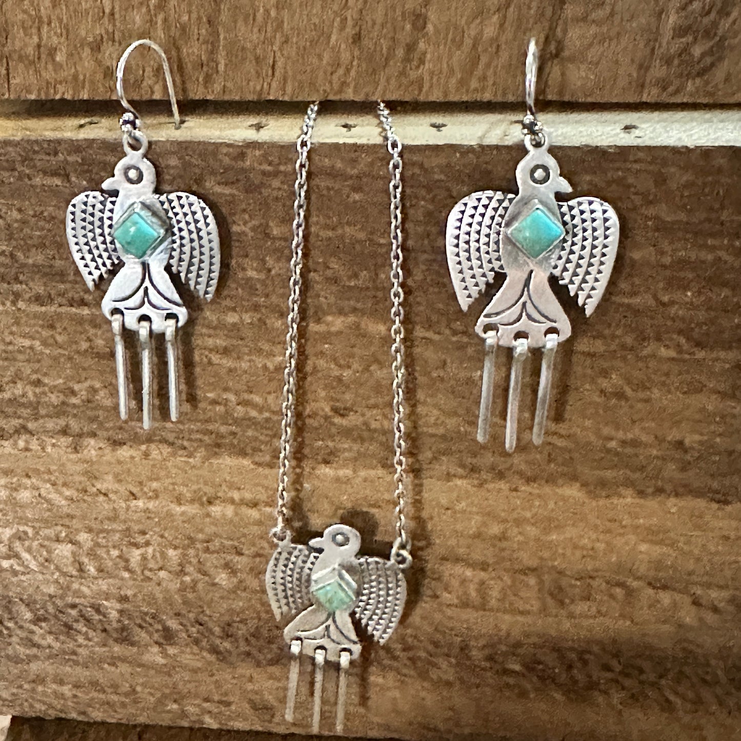 Sterling Silver Kingman Turquoise Dangle Thunderbird Necklace and Earrings Set