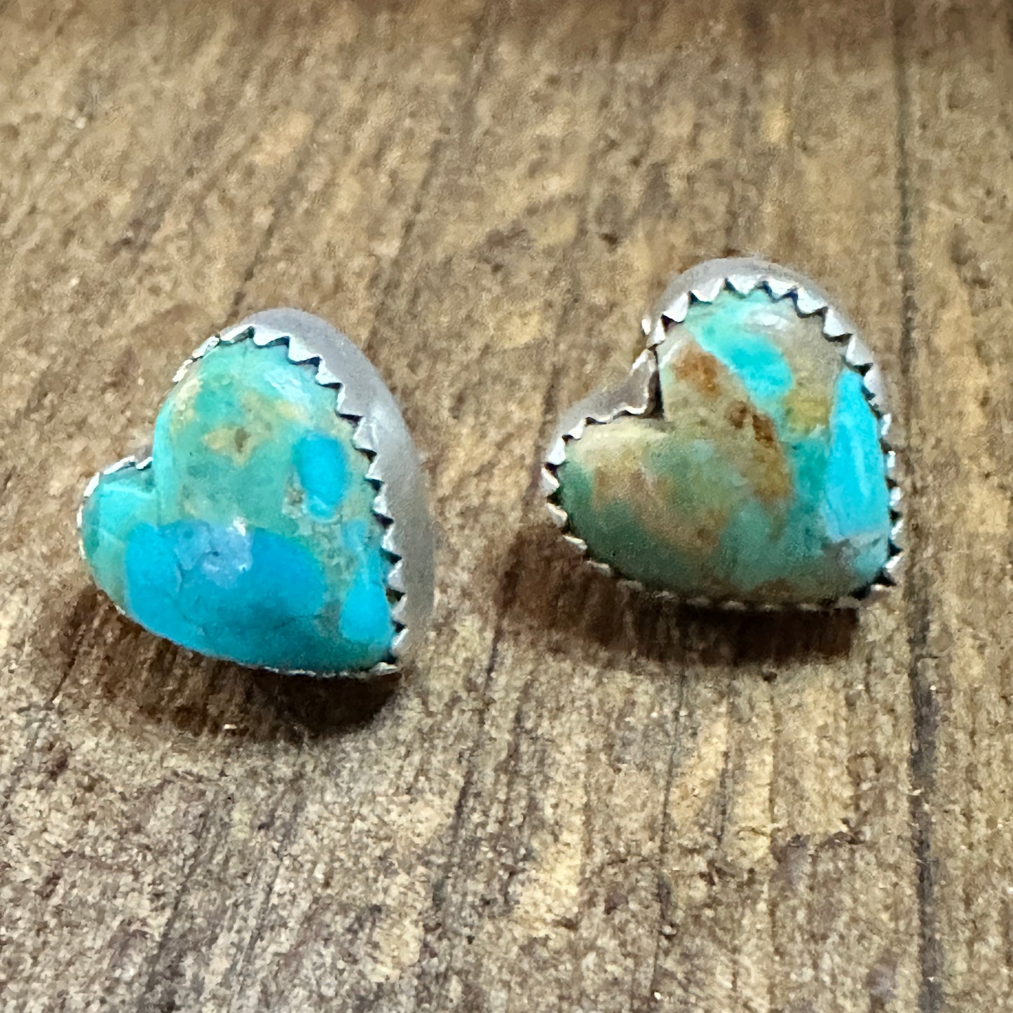 Handmade Kingman Turquoise Heart Earrings in 925 Sterling Silver Signed