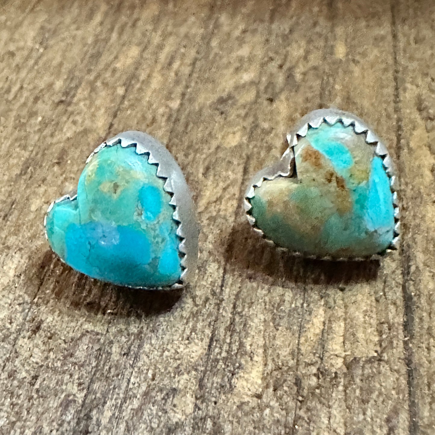 Handmade Kingman Turquoise Heart Earrings in 925 Sterling Silver Signed