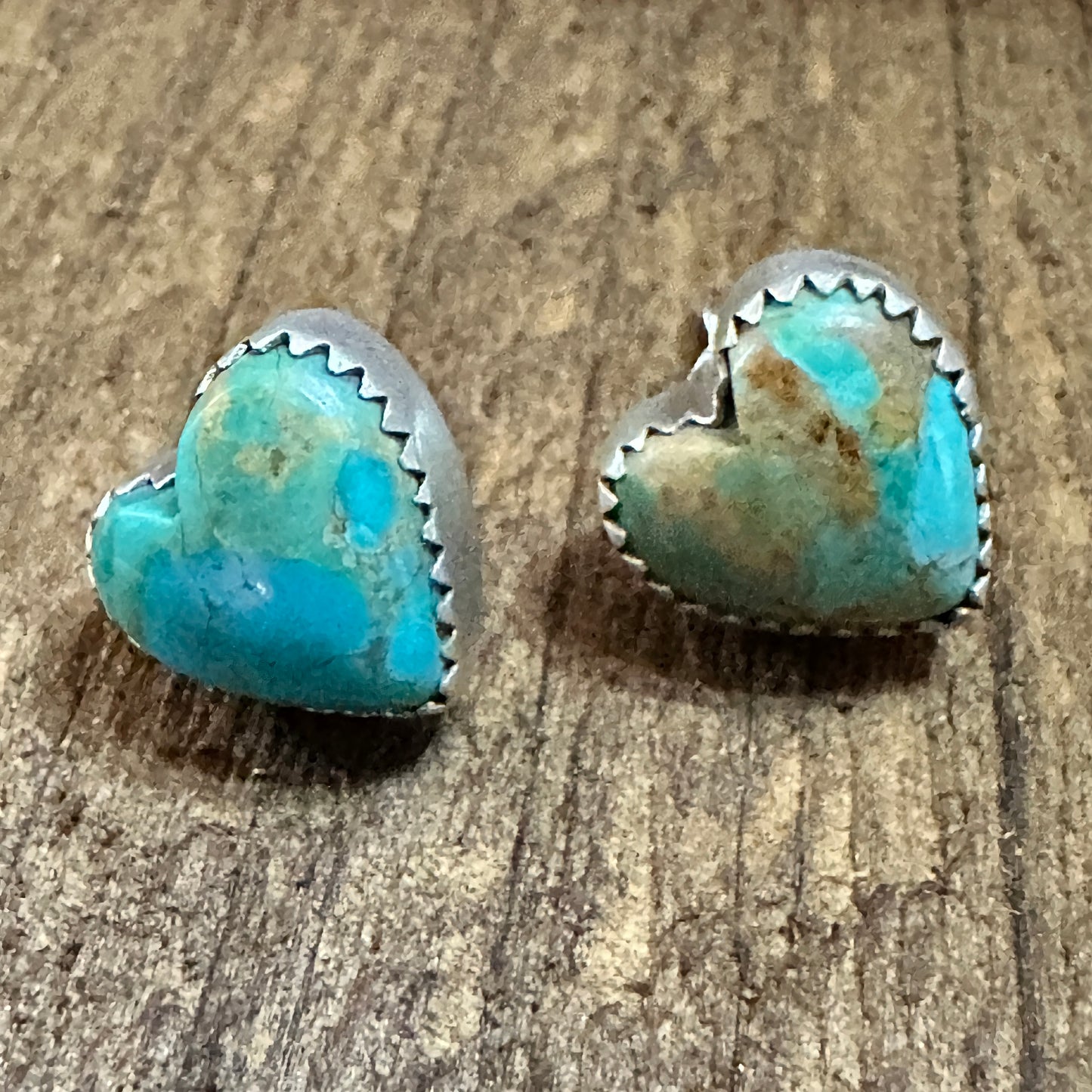 Handmade Kingman Turquoise Heart Earrings in 925 Sterling Silver Signed