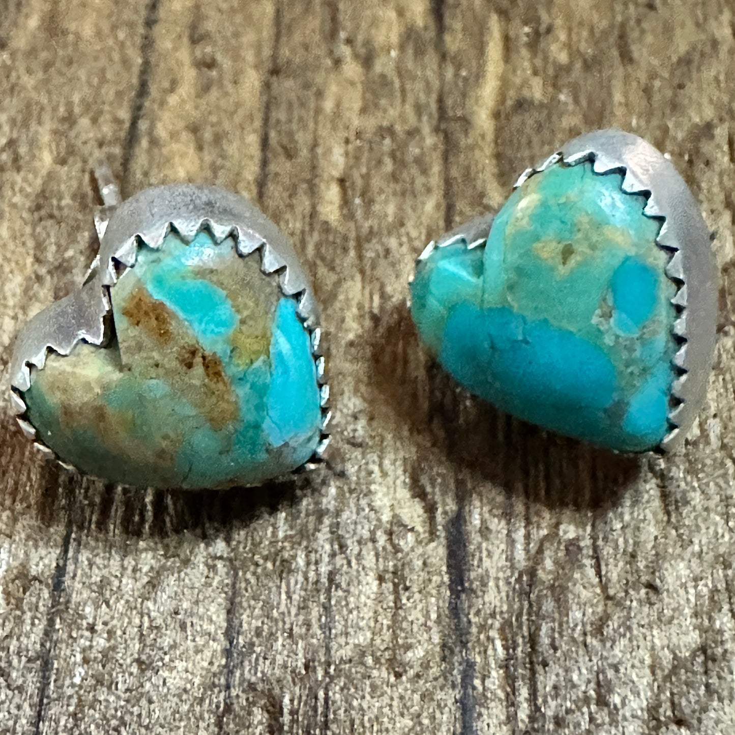 Handmade Kingman Turquoise Heart Earrings in 925 Sterling Silver Signed