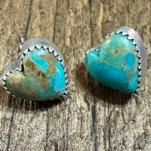 Handmade Kingman Turquoise Heart Earrings in 925 Sterling Silver Signed