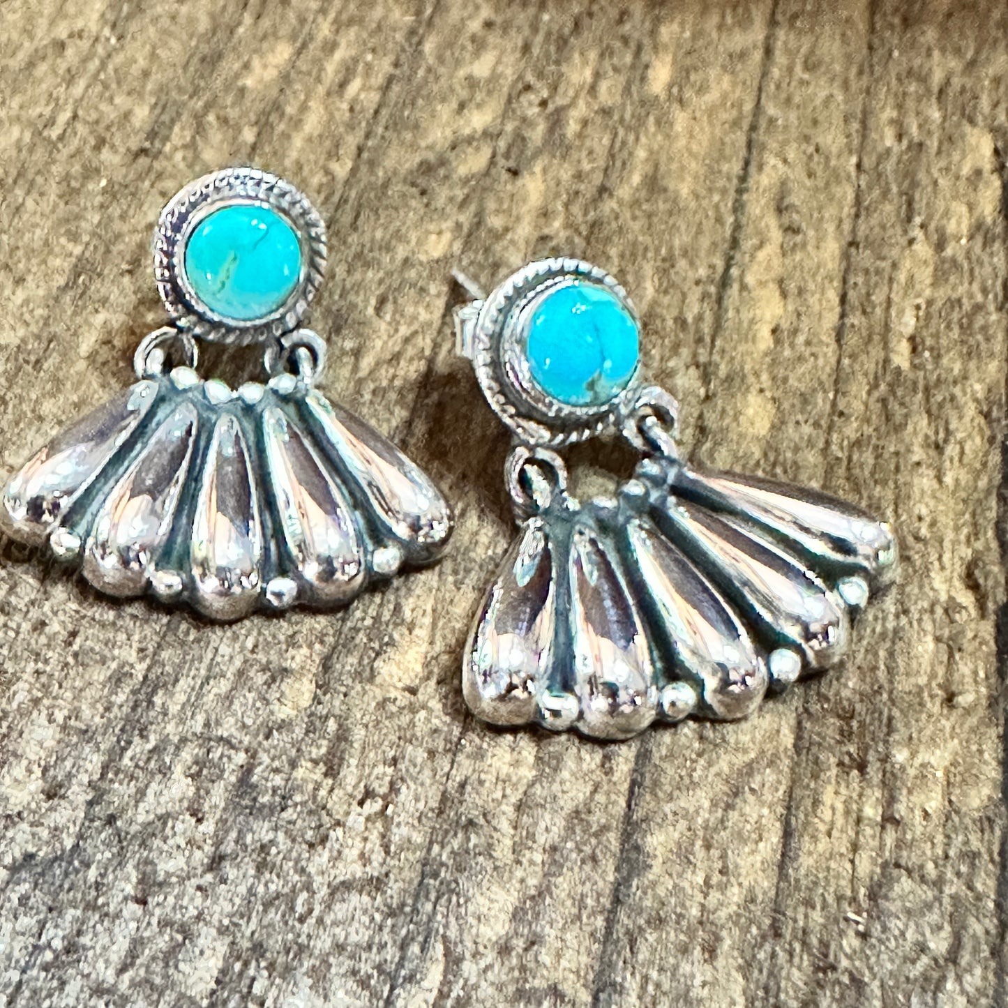 Handmade Kingman Turquoise Stud Earrings 925 Sterling Silver Signed