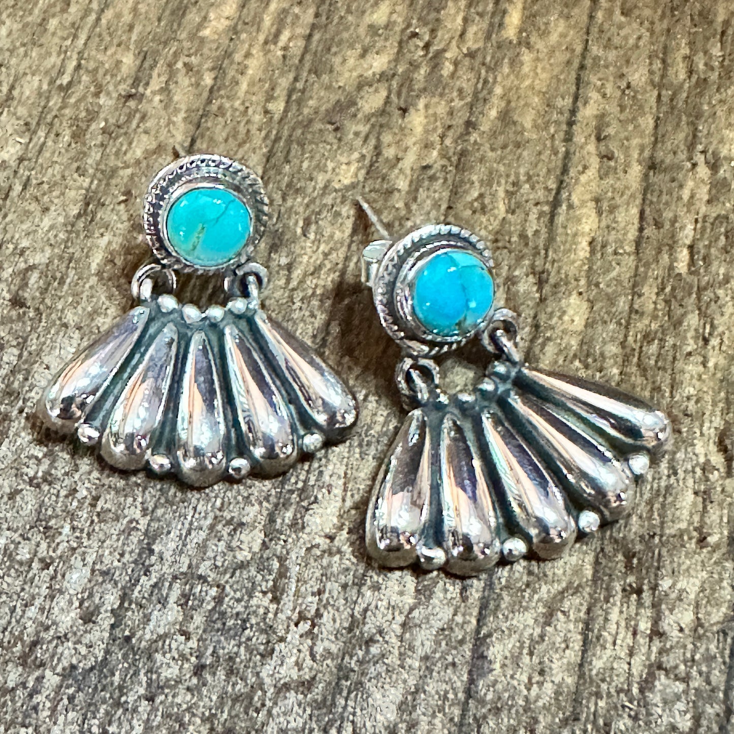 Handmade Kingman Turquoise Stud Earrings 925 Sterling Silver Signed