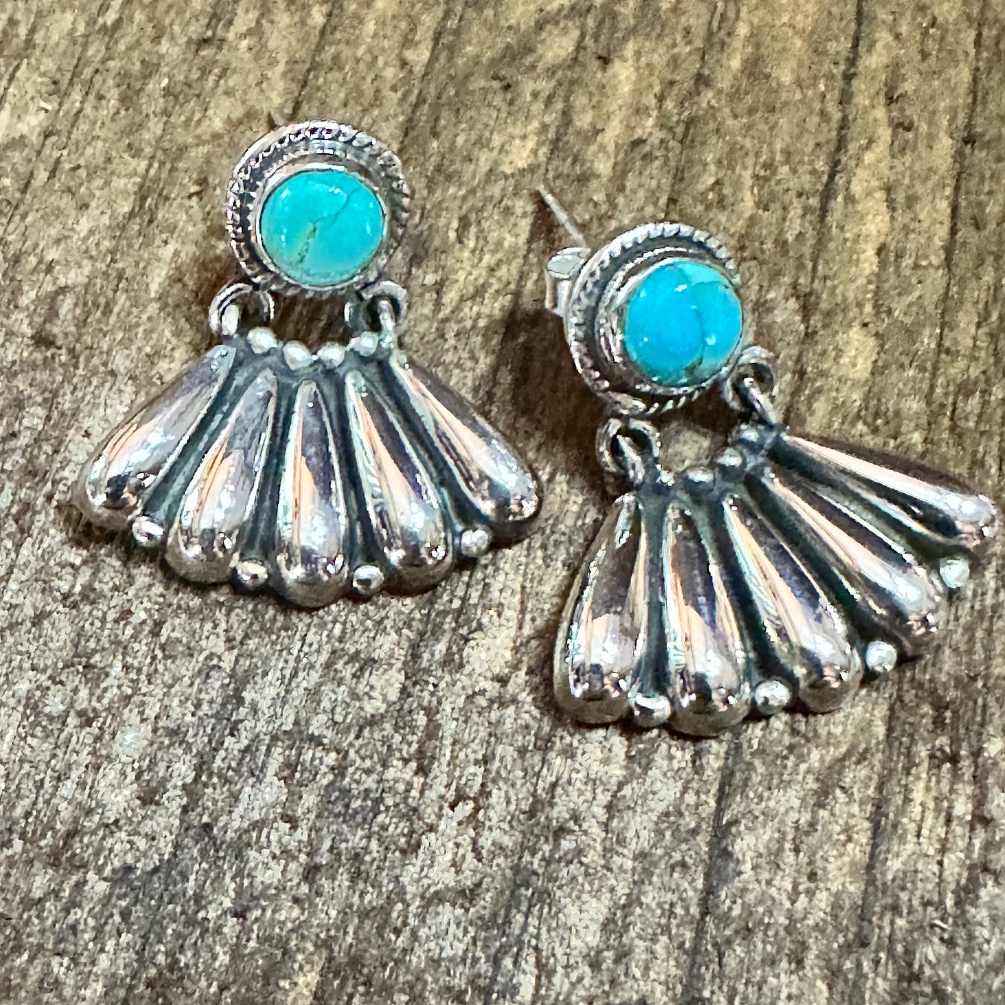 Handmade Kingman Turquoise Stud Earrings 925 Sterling Silver Signed