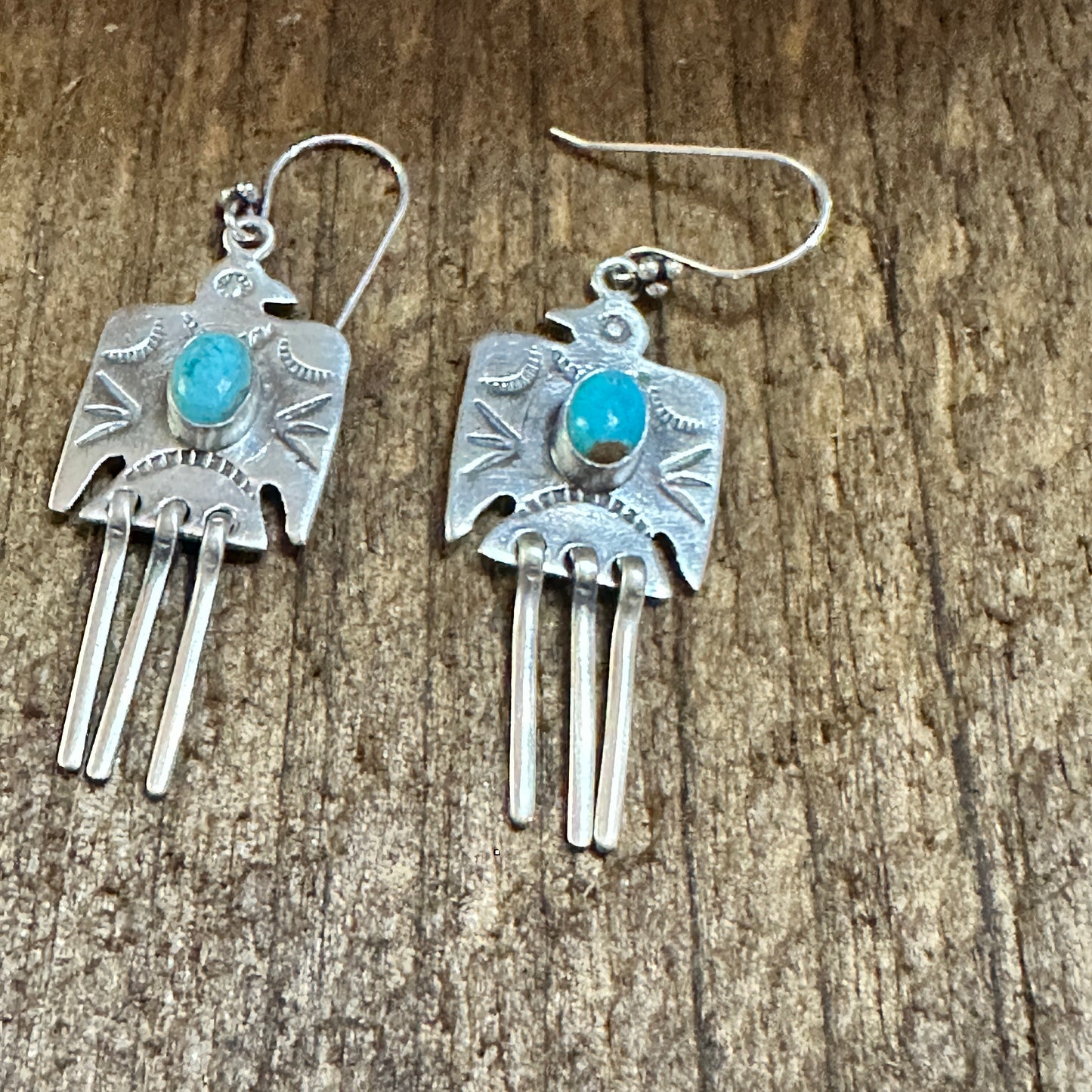 Kingman Turquoise Thunderbird Dangle Earrings 925 Sterling Silver Signed