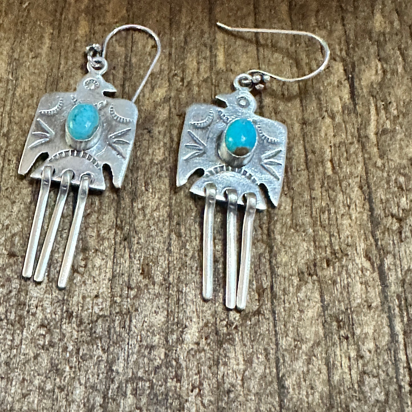 Kingman Turquoise Thunderbird Dangle Earrings 925 Sterling Silver Signed