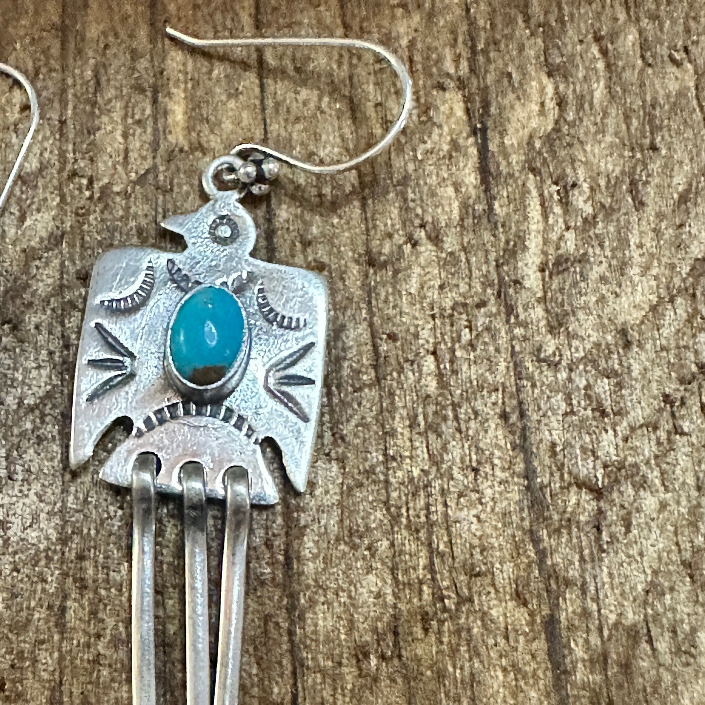 Kingman Turquoise Thunderbird Dangle Earrings 925 Sterling Silver Signed