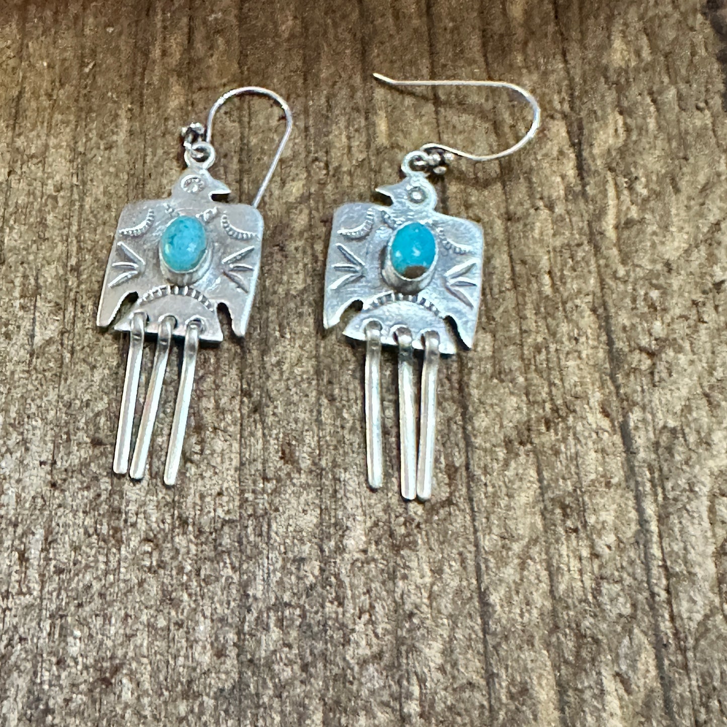Kingman Turquoise Thunderbird Dangle Earrings 925 Sterling Silver Signed