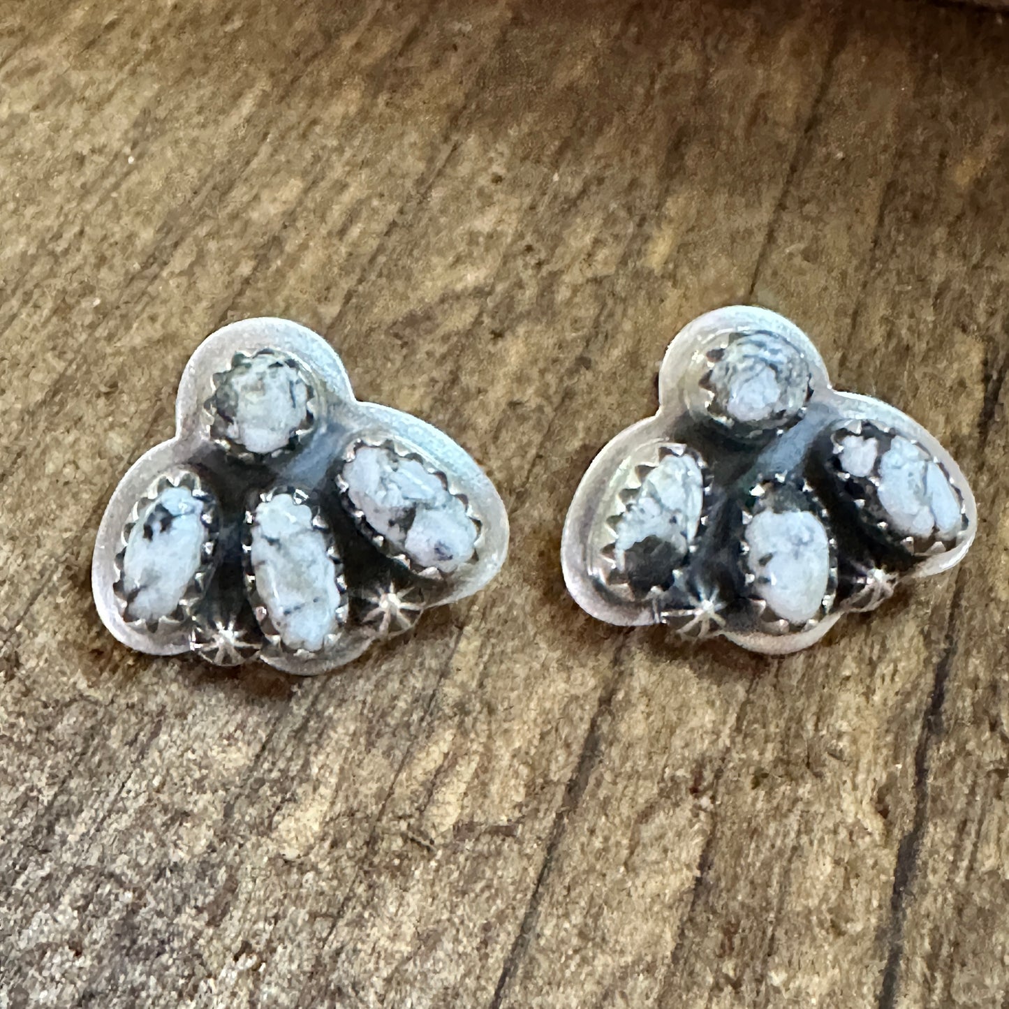 Handmade White Buffalo Dalhia Natural Stone Stud Earrings 925 Silver Signed