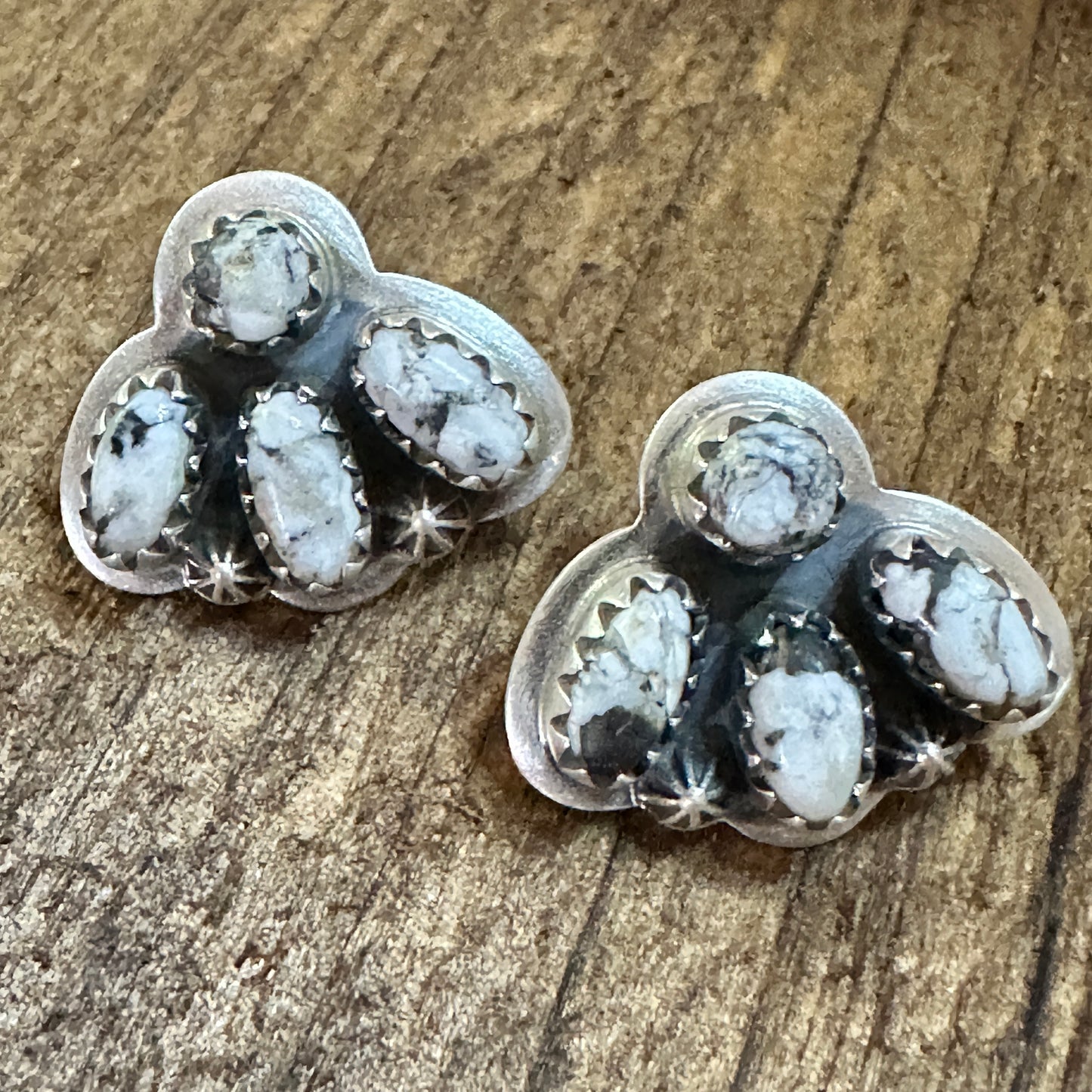 Handmade White Buffalo Dalhia Natural Stone Stud Earrings 925 Silver Signed