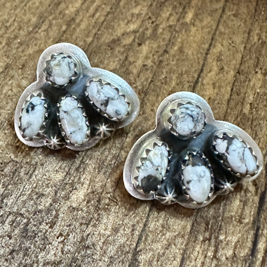 Handmade White Buffalo Dalhia Natural Stone Stud Earrings 925 Silver Signed