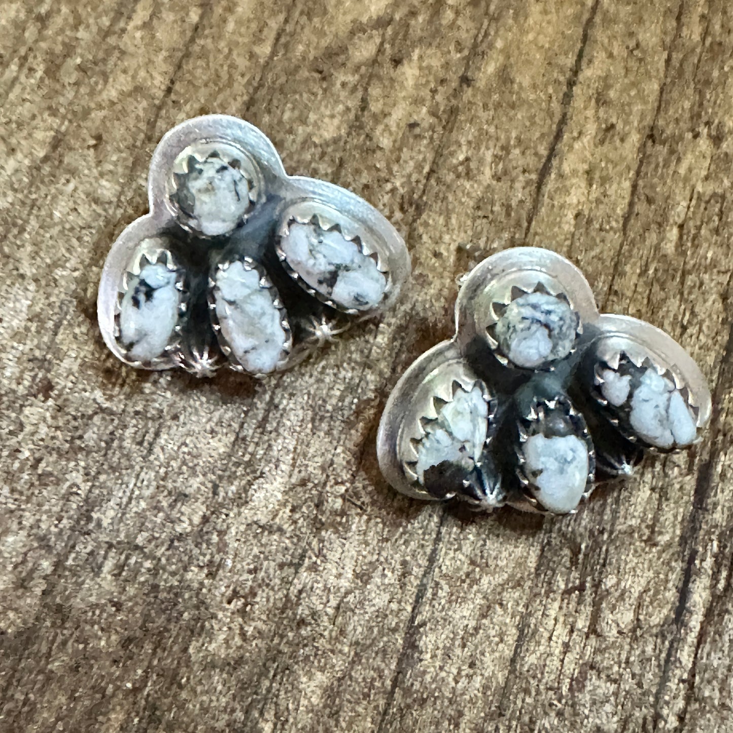 Handmade White Buffalo Dalhia Natural Stone Stud Earrings 925 Silver Signed