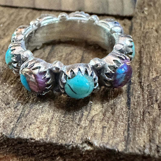 Pink Dream and Kingman Turquoise Sterling Silver Eternity Band Size 6