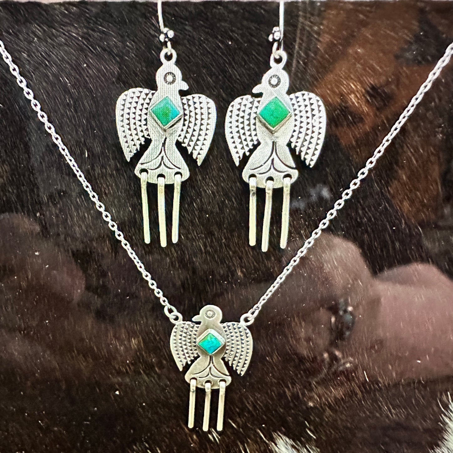 Sterling Silver Kingman Turquoise Dangle Thunderbird Necklace and Earrings Set